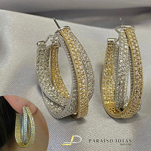 Argola Ouro Amarelo e Ouro Branco 18k estilo entrelaçada toda Cravejada em Brilhantes modelo de Luxo.