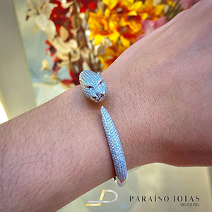 Bracelete (articulado) em Ouro Branco 18k Modelo de Luxo estilo TigrePantera cravejado de Brilhantes com olhos de Rubi