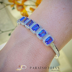 Bracelete (articulado com fecho) em Ouro Branco 18k Modelo de Luxo com Pedra Natural Tanzanita cravejado de Brilhantes