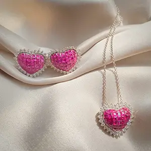 Conjunto Brinco e Gargantilha Coração com Brilhantes e Pedra Rubi Ouro Branco 18k