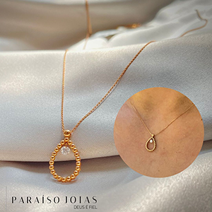 Gargantilha Estilo Gota de Bolinhas em ouro Rosê 18k com 1 Brilhante Central Pendurado